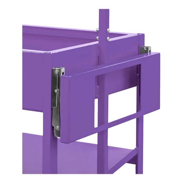 A close-up view of a purple metal folding shelf attached to a frame with visible hinges and support brackets.