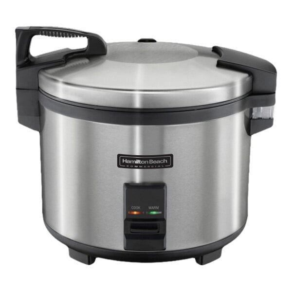 A stainless steel electric rice cooker with black handles and a control panel featuring indicator lights for cook and warm functions.