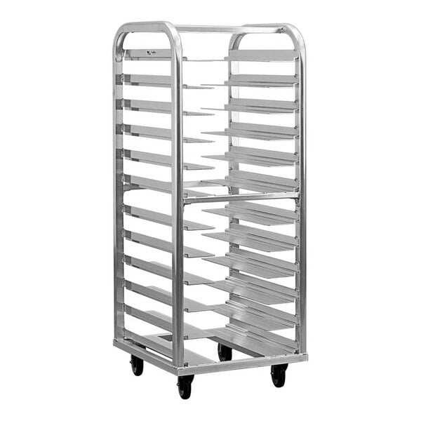 A tall, metal rack with multiple horizontal slots and four wheels at the base.