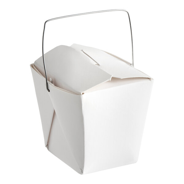 A white paper take-out container with a metal wire handle, commonly used for Chinese or Asian food.
