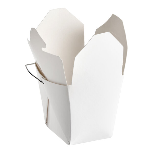 A white paper take-out container with a wire handle and open flaps.
