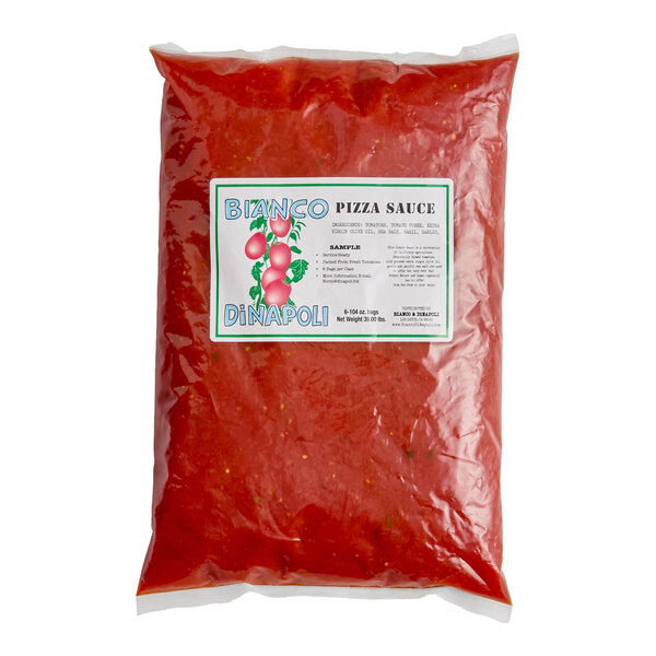 A large, clear plastic bag filled with red pizza sauce, labeled 'Bianco DiNapoli Pizza Sauce' on the front.
