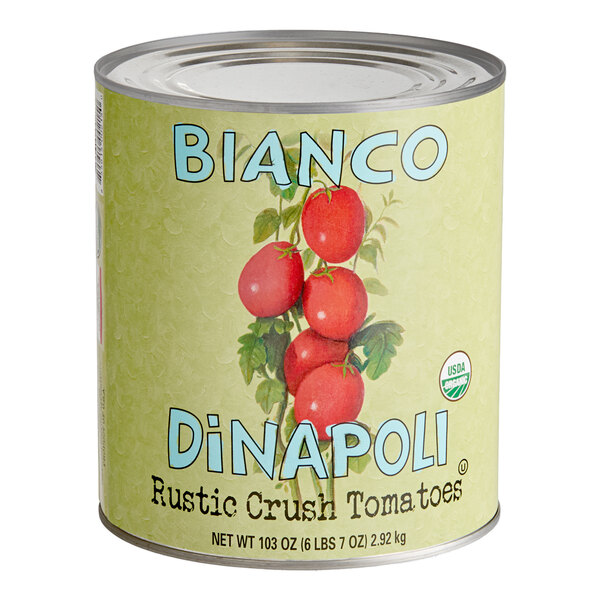A large can with a light green label featuring illustrations of red tomatoes and the text 'Bianco DiNapoli Rustic Crush Tomatoes' along with a USDA organic seal.