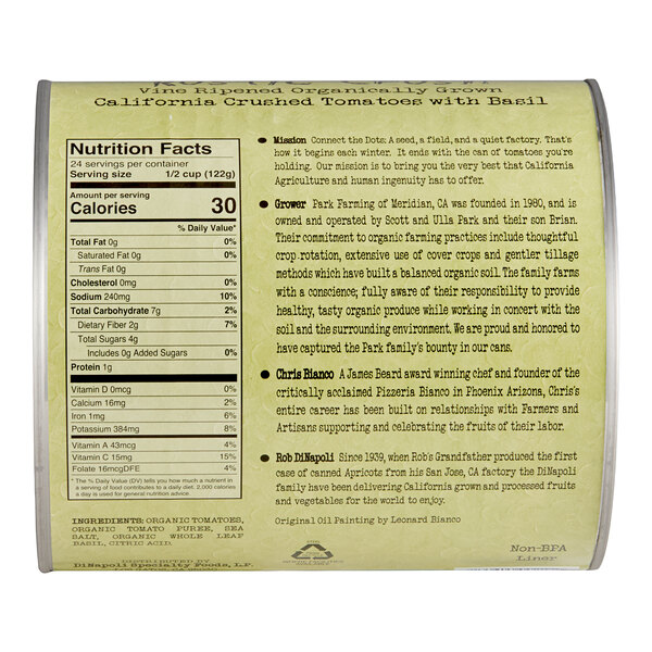 The image shows the back label of a can with nutrition facts, ingredient information, and a description of the product's origin and growers.