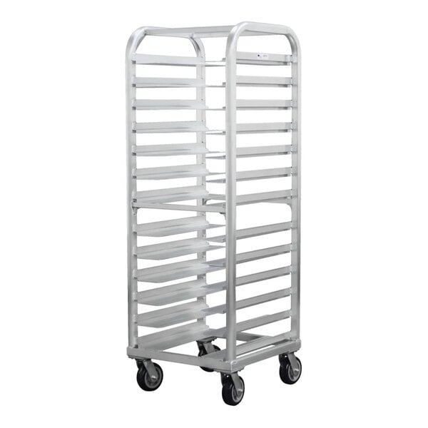 A tall, silver metal rack with multiple horizontal slots and four caster wheels at the base.