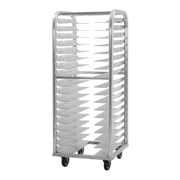 A tall, metal rack with multiple horizontal slots and four wheels at the base.