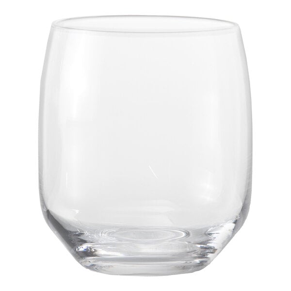 A clear, smooth, tall glass tumbler with a rounded shape and thick base.