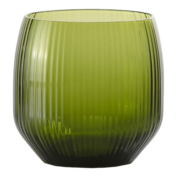 A green, ribbed glass tumbler with a rounded shape and a slightly tapered base.