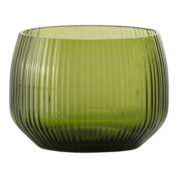 A green, ribbed glass tumbler with a rounded shape and transparent finish.