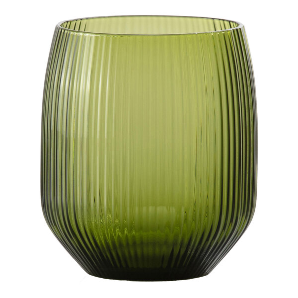 A green, vertically ribbed glass tumbler with a rounded shape.