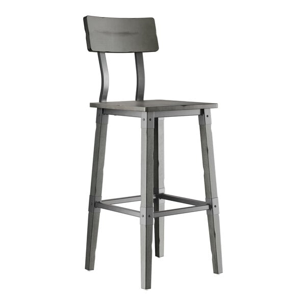 A tall, industrial-style bar stool with a slate gray finish, featuring a square seat, four straight legs with metal supports, and a curved backrest.