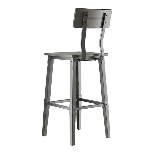 A tall, industrial-style bar stool with a slate gray finish, featuring a square seat, four straight legs, a rectangular backrest, and metal supports.