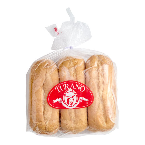 A package containing six soft sub rolls in a clear plastic bag with a red Turano label on the front.