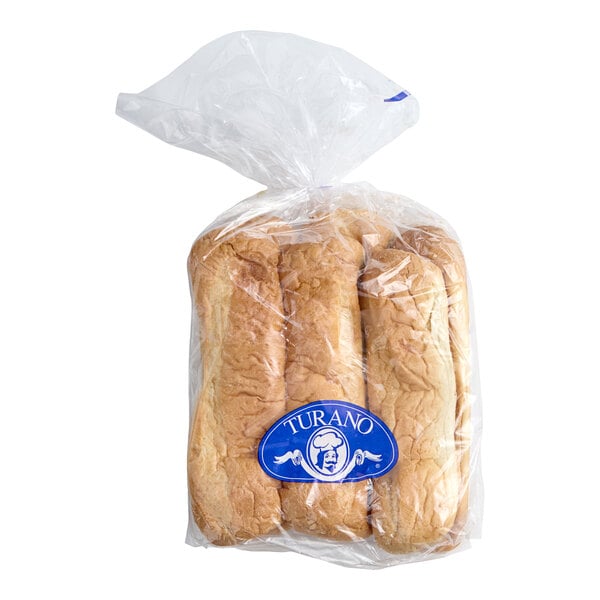 A package of long, soft sub rolls in a clear plastic bag with a blue label on the front.
