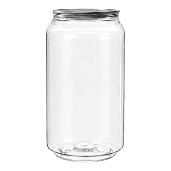 A clear, cylindrical plastic bottle with a metal screw-on lid.
