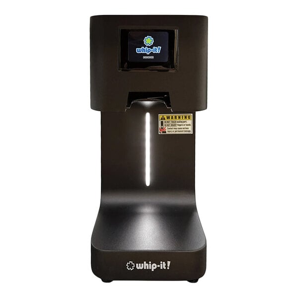 A black automatic can sealer machine with a digital display and a warning label, branded with 'whip-it!' on the front.