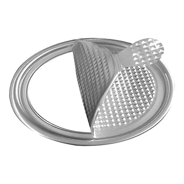 A round, textured, metallic peel-off lid partially opened, revealing its patterned surface.