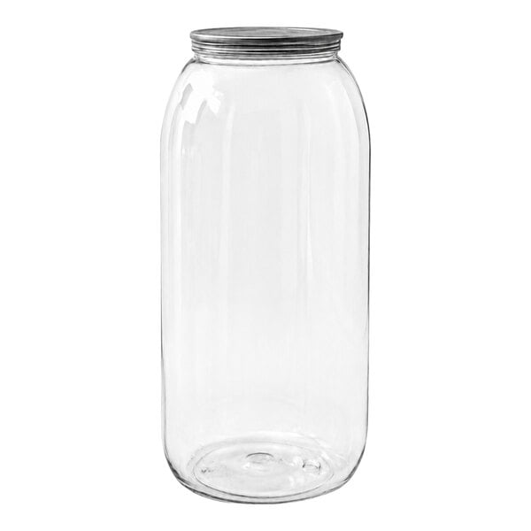 A clear, empty, cylindrical plastic bottle with a wide mouth and a metallic screw-on lid.