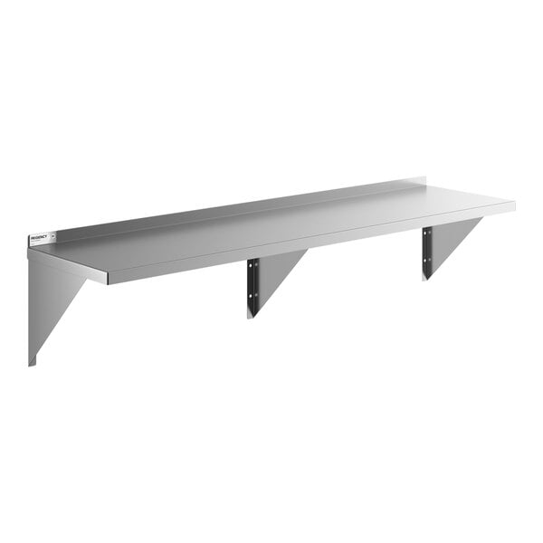 A heavy-duty stainless steel wall shelf with three support brackets.