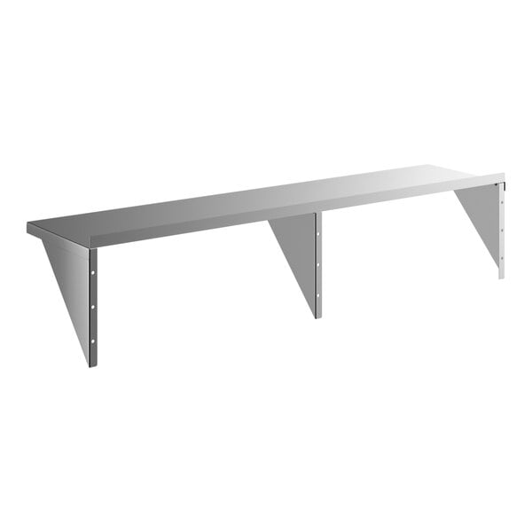 A heavy-duty stainless steel wall shelf with three support brackets.