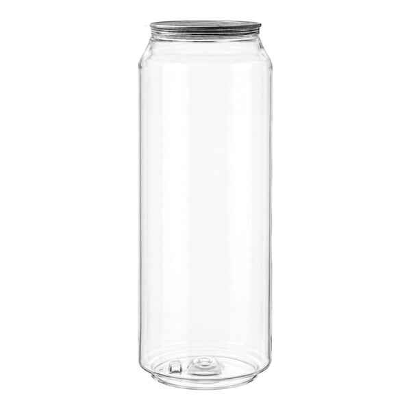 A clear, tall, cylindrical plastic bottle with a metal lid, shown against a white background.