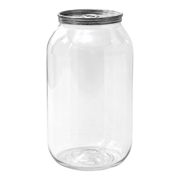 A clear, empty round plastic jar with a metal screw-on lid.