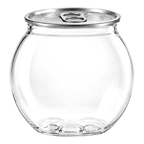 A clear, round, bowl-shaped container with a metal pull-tab lid, resembling a combination of a fishbowl and a beverage can.