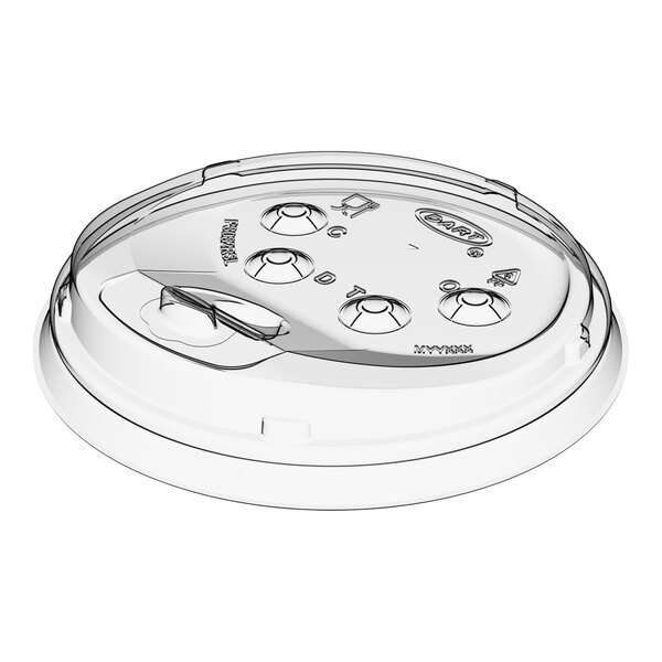 A clear, round plastic lid with a reclosable tab and several identification buttons on the surface.