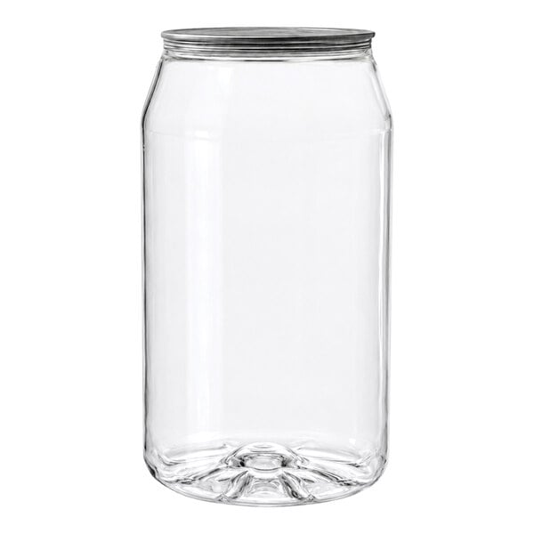 A clear, empty, cylindrical container with a metal lid, resembling the shape of a beverage can.