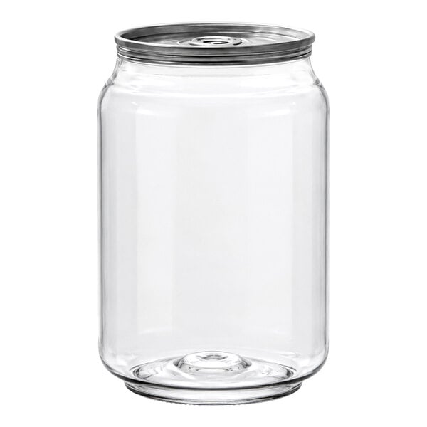 A clear, cylindrical plastic bottle with a metal screw-on lid, shown against a white background.