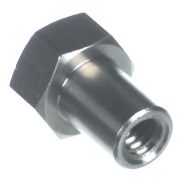 A metallic hexagonal-headed barrel nut with a cylindrical body and internal threading.