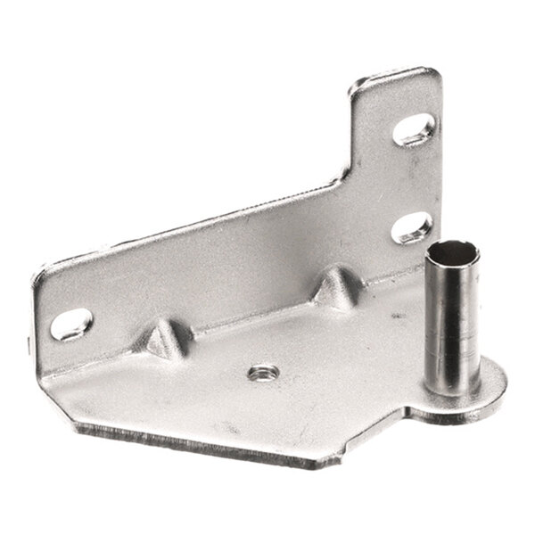 A metal bracket with a cylindrical post and multiple mounting holes, likely used as a hinge component.