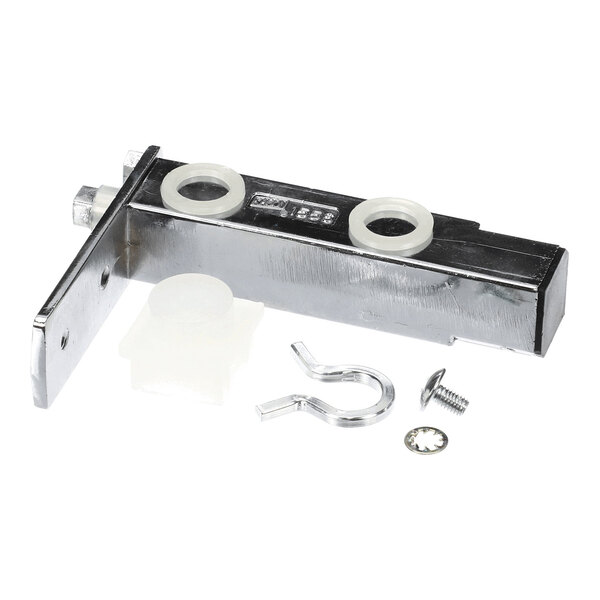 A metal cartridge assembly with two white circular components, accompanied by a plastic piece, a metal clip, a screw, and a washer.
