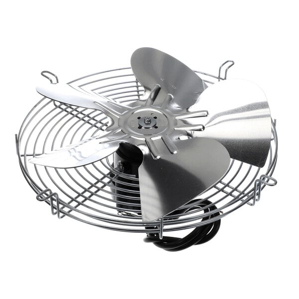 A metal fan with four blades and a protective wire guard, shown from an angled top view.