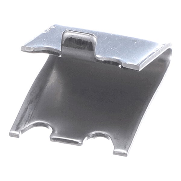 A small, curved metal clip with a shiny finish and notched edges.
