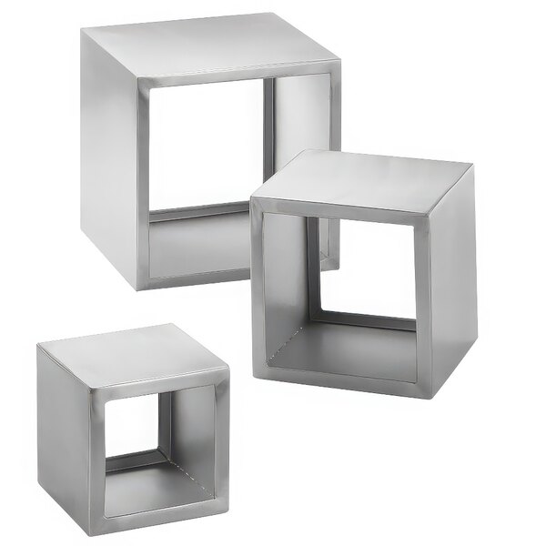 A silver metal Tablecraft Barclay 3 piece riser set with square cube shelves.