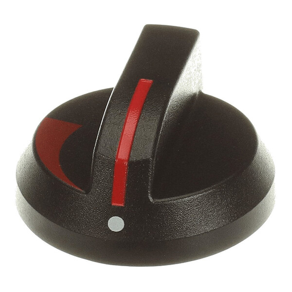 A black control knob with a red indicator line and a small white dot on its base.