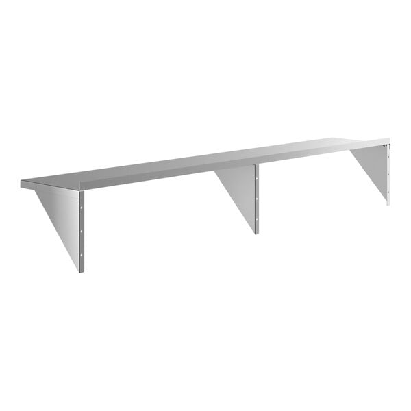 A long, heavy-duty stainless steel wall shelf with three supporting brackets.