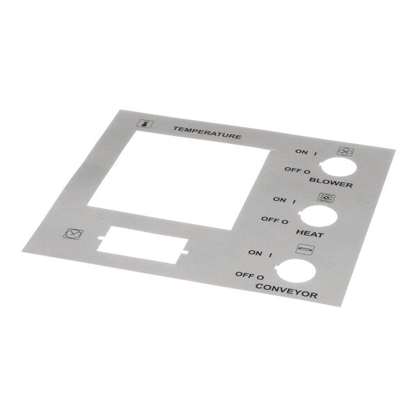 A flat, rectangular metal or plastic control panel label with cutouts for switches and displays, labeled for temperature, blower, heat, and conveyor functions.