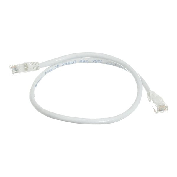 A white modular cable with connectors on both ends, coiled in a loose loop.