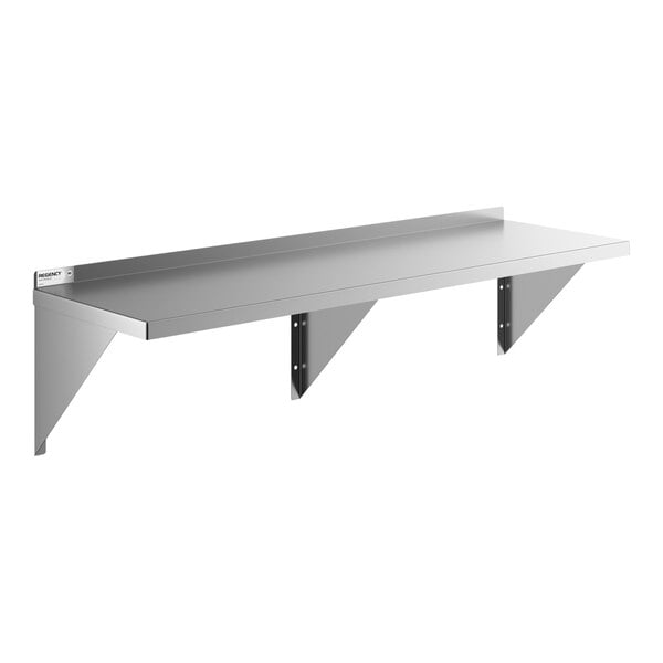 A stainless steel heavy duty wall shelf with three support brackets.