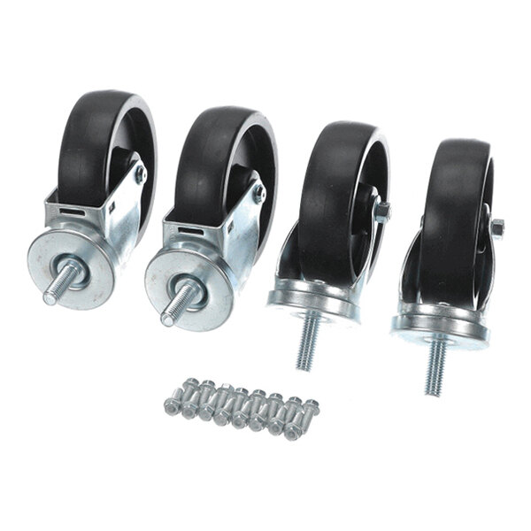 Four black and silver caster wheels with threaded stems, accompanied by a set of bolts or fasteners, are arranged on a white background.