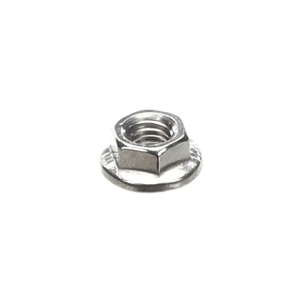 A metallic hexagonal nut with a built-in washer-like flange at its base.