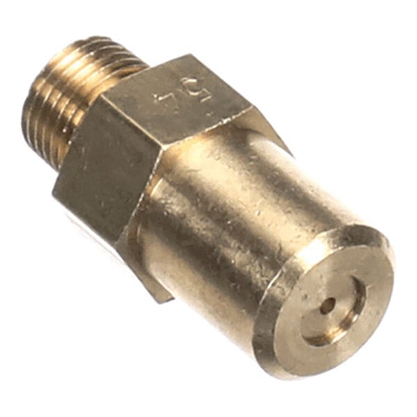 A brass-colored metal fitting with a threaded end and a small central hole on the opposite end.