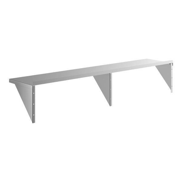 A heavy duty stainless steel wall shelf with three support brackets.