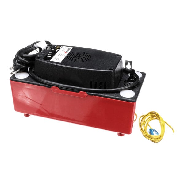 A rectangular red and black device with attached power cords and a yellow wire, featuring a vented top and four white circular pads on the corners.