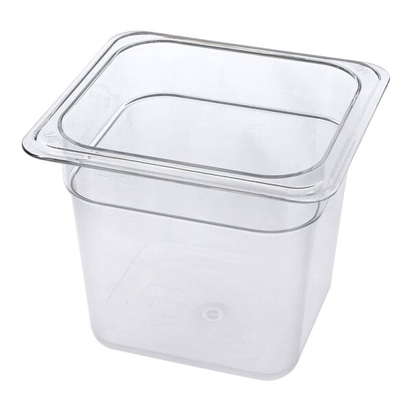 A clear, rectangular plastic container with a wide rim and straight sides.