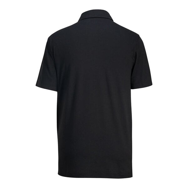 A black short-sleeve polo shirt shown from the back.