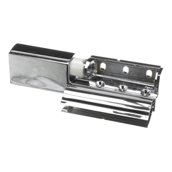 A shiny, metallic hinge with a rectangular base and multiple screw holes, partially open to show its internal mechanism.