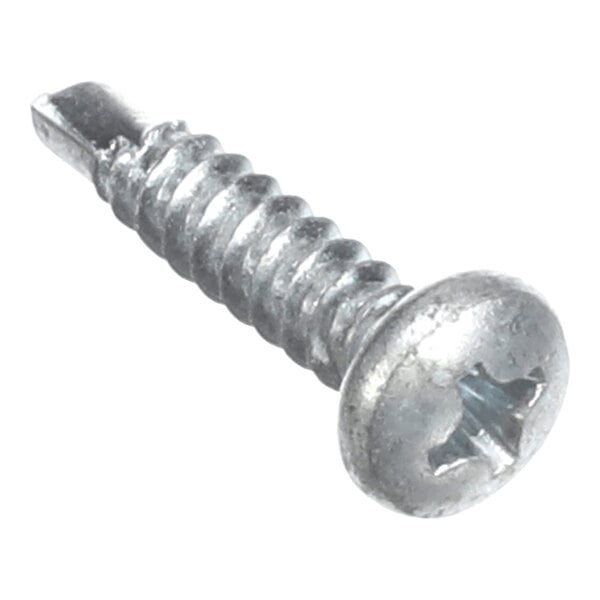 A close-up view of a metallic screw with a Phillips head and a self-drilling tip.